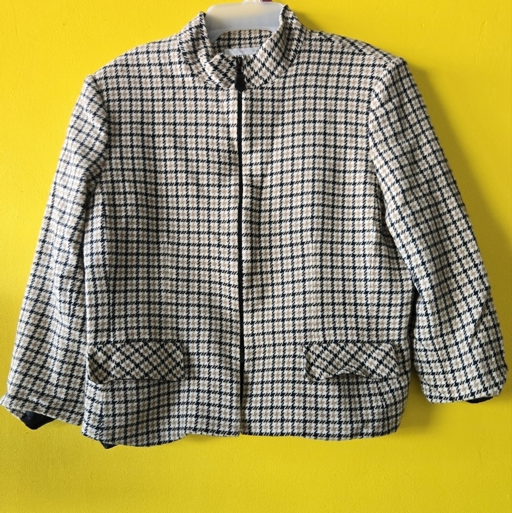 AlbertNipon Angora Wool Jacket fullzip Houndstooth sz 16/L plaid check tan Black